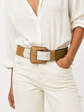 Vintage Sandy Duftler Designs 1999 Wide Leather Statement Belt Tan White Olive